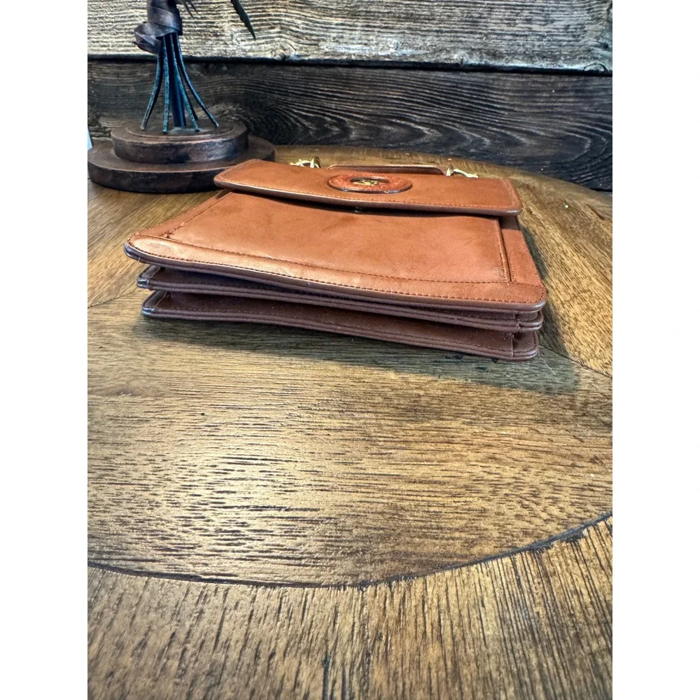 Rosenio Splendid Tan Leather Document Bag Portfolio Case Gold Rose Logo Vintage